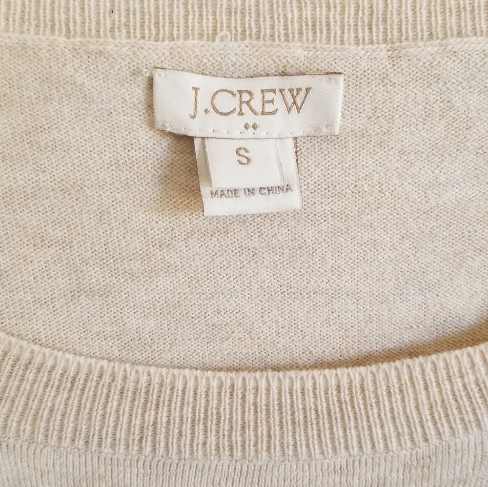 J. Crew pink dot embroidered tan cotton sweater
